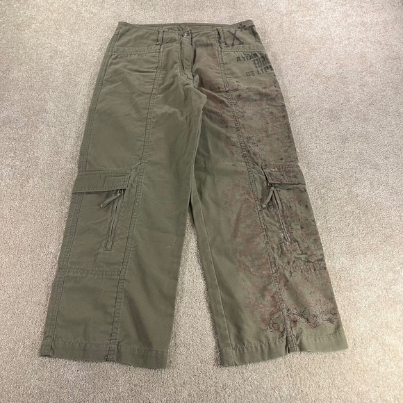 Blue Willi's Pants - Blue Willi's Cargo Pants Womens 38 Olive Green Graphic Floral Wide Leg